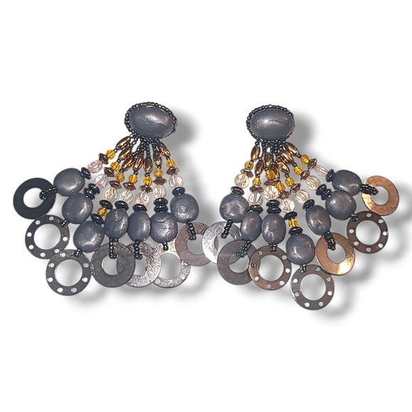 Chipita Jewelry - Vintage 1980s Chipita‎ Beaded Chandelier Earrings Gray Copper Pierced